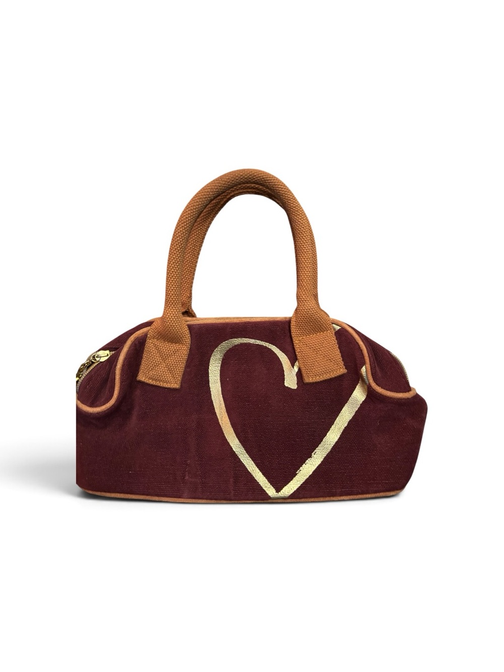 Victoria's Secret Burgundy Mini Bag with Gold Heart and Tan Handles Vintage Y2K
